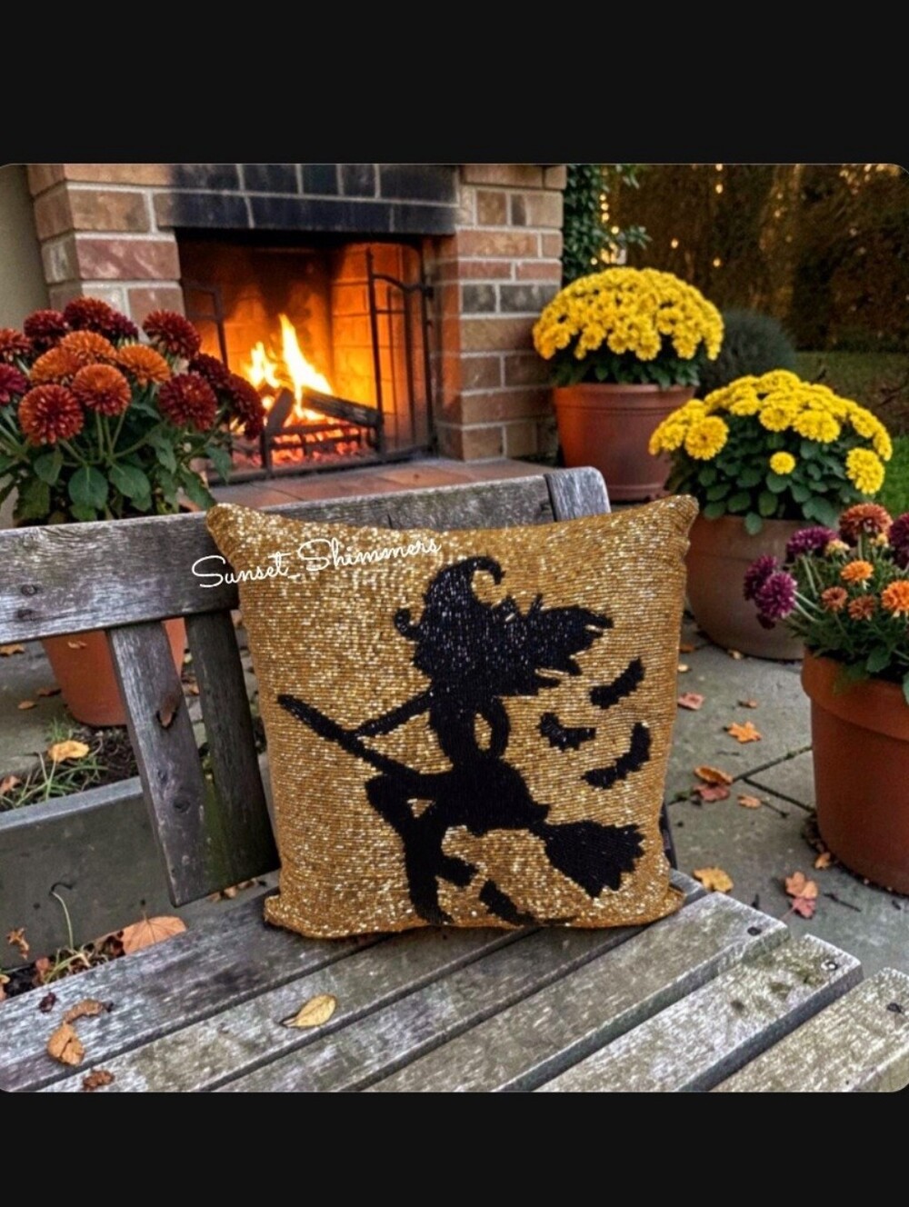 14" Glam Witch Beaded Gold & Black Halloween Throw Pillow Decor NEW